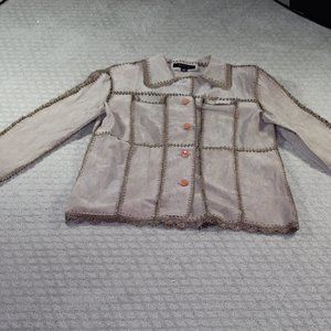 VINTAGE 90s Static Size Large Light Tan Leather and Crocheted Jacket